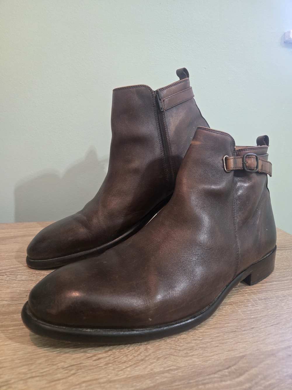 Men's Handmade Brown Leather Ankle Boots with Side Zip and Buckle Strap